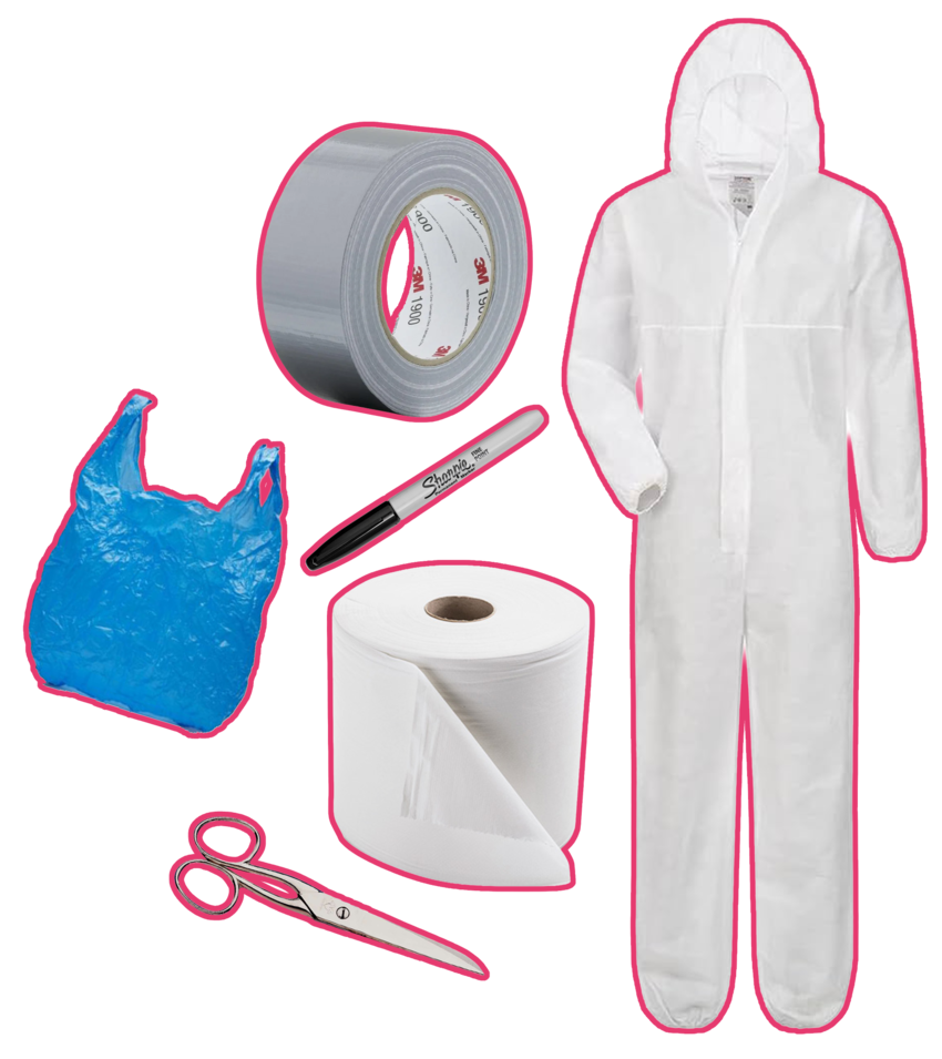 Required supplies for making a Duct Tape Dummy: painter coverall, duct tape rolls, scissors, marker, and plastic bags