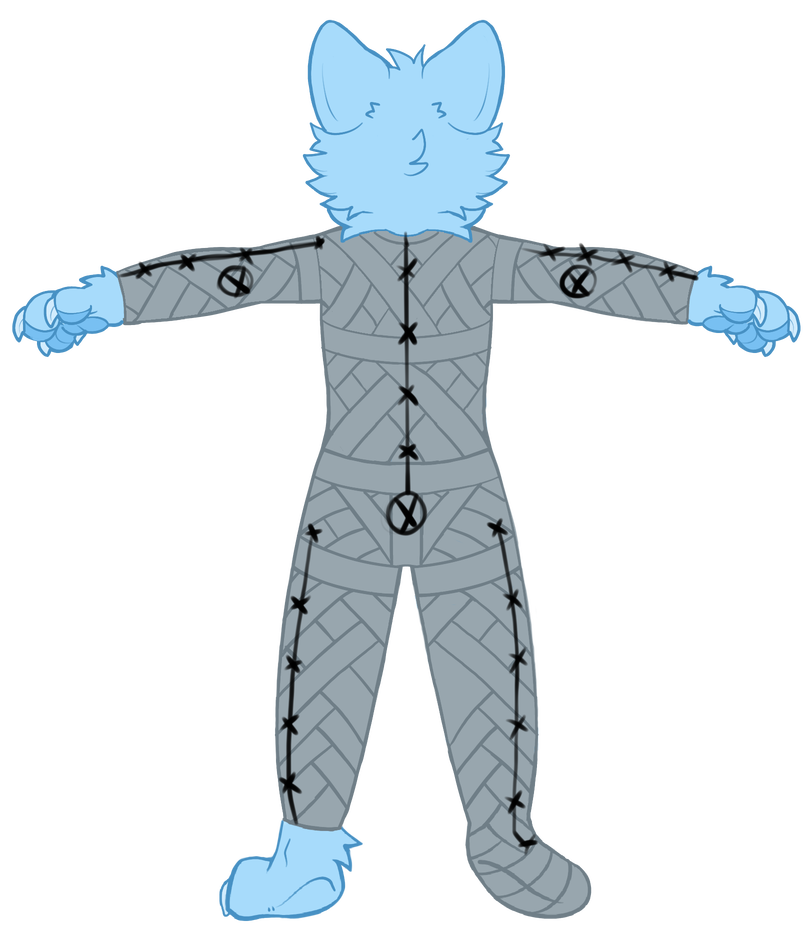 Back view of DTD showing cut lines and cross alignment marks along spine, arms, and legs