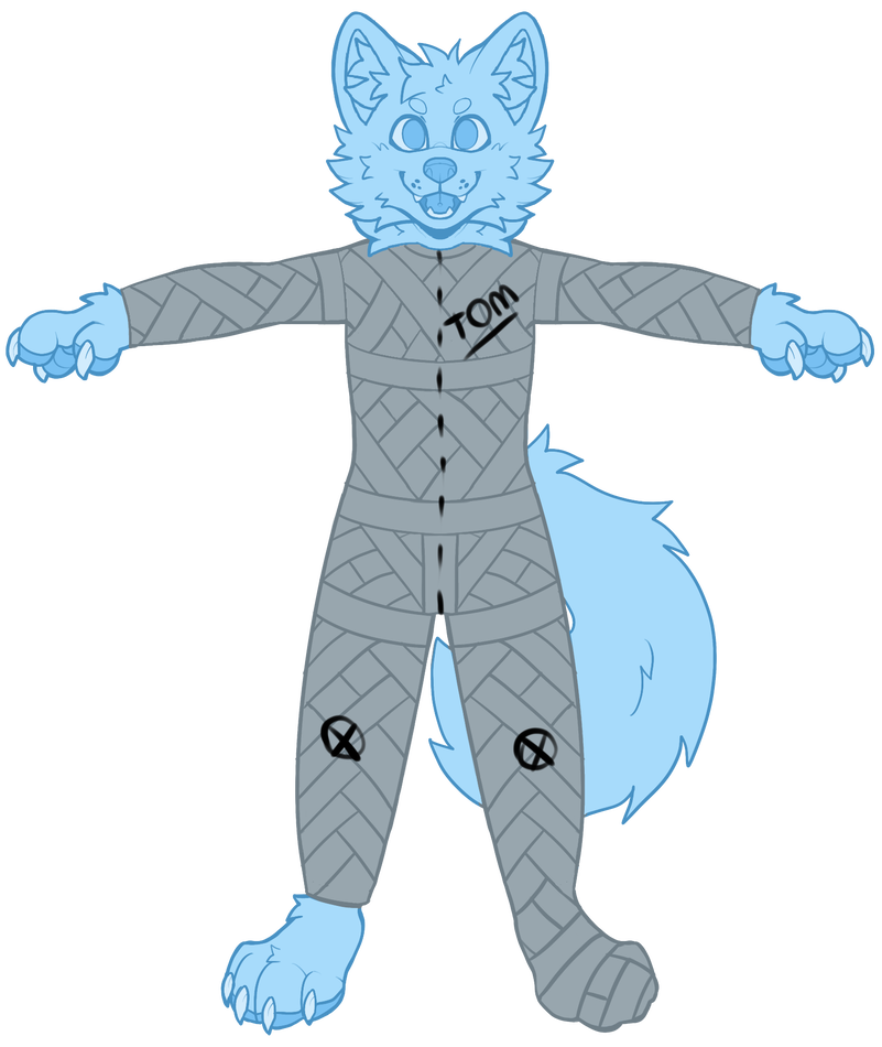 Front view of DTD showing client name on chest, center cut line, and knee markings